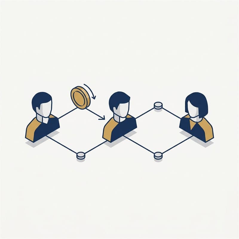 Ilustración de una red de usuarios conectados compartiendo comisiones por referidos